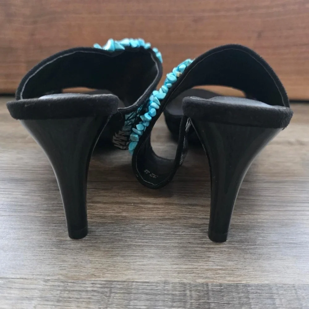 Midnight Velvet Turquoise Crystal Embellished Mule Heels Black Suede Size 12M